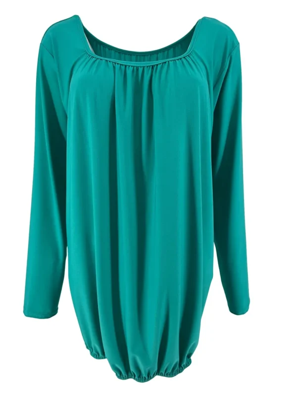 Basic ballon shirt met LANGE MOUW travelstof uni turquois. bds