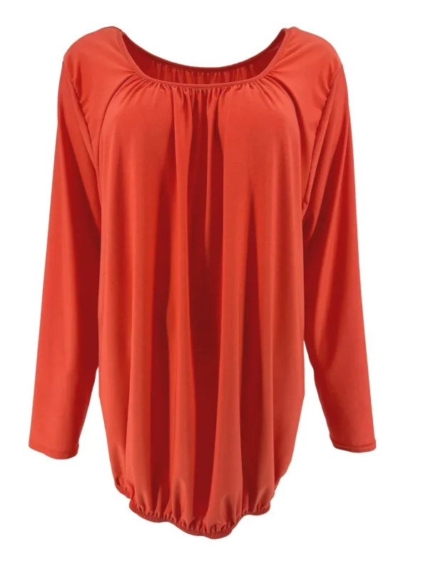 Basic ballon shirt met LANGE MOUW travelstof uni koraal. bds
