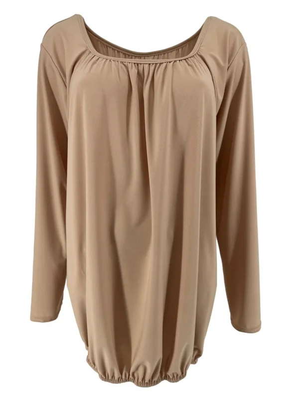 Basic ballon shirt met LANGE MOUW travelstof uni beige. bds