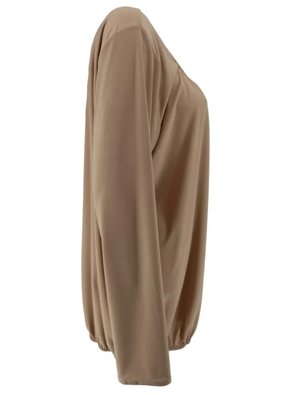 Basic ballon shirt met LANGE MOUW travelstof uni beige. bds