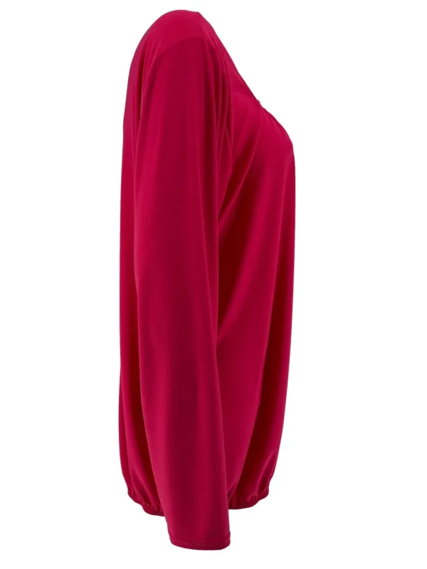 Basic ballon shirt met LANGE MOUW travelstof uni fuchsia. bds