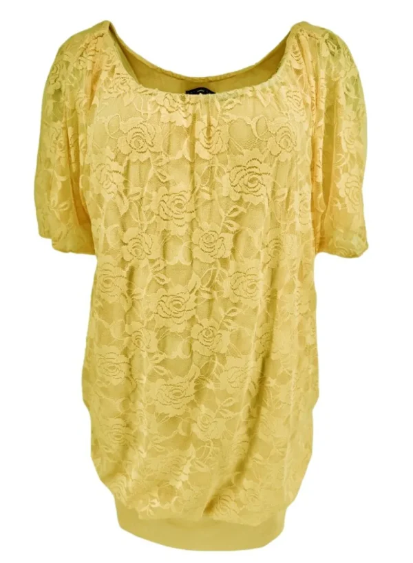 Blouse brede boord met korte mouw en kant geel
