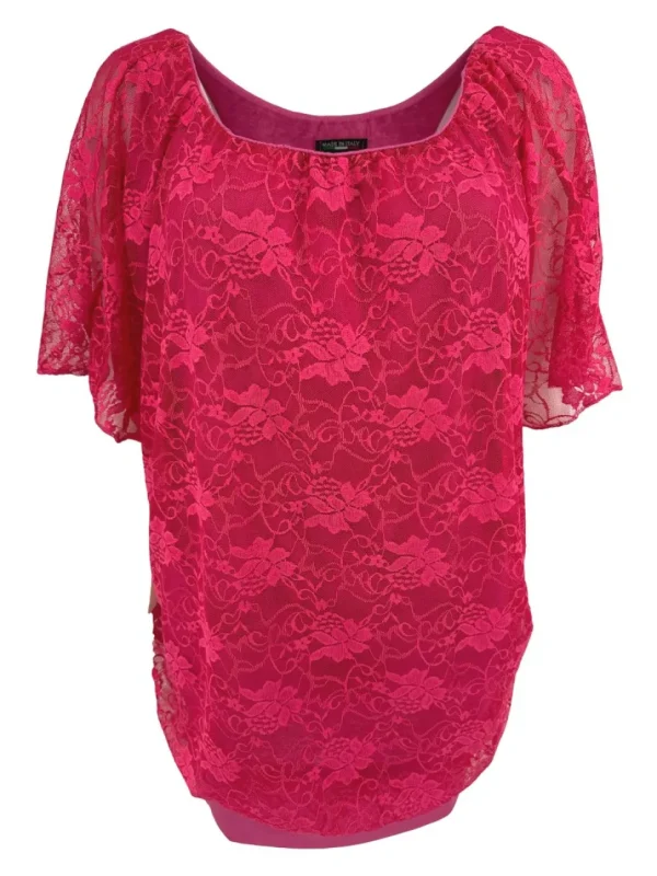 Blouse brede boord met korte mouw en kant fuchsia