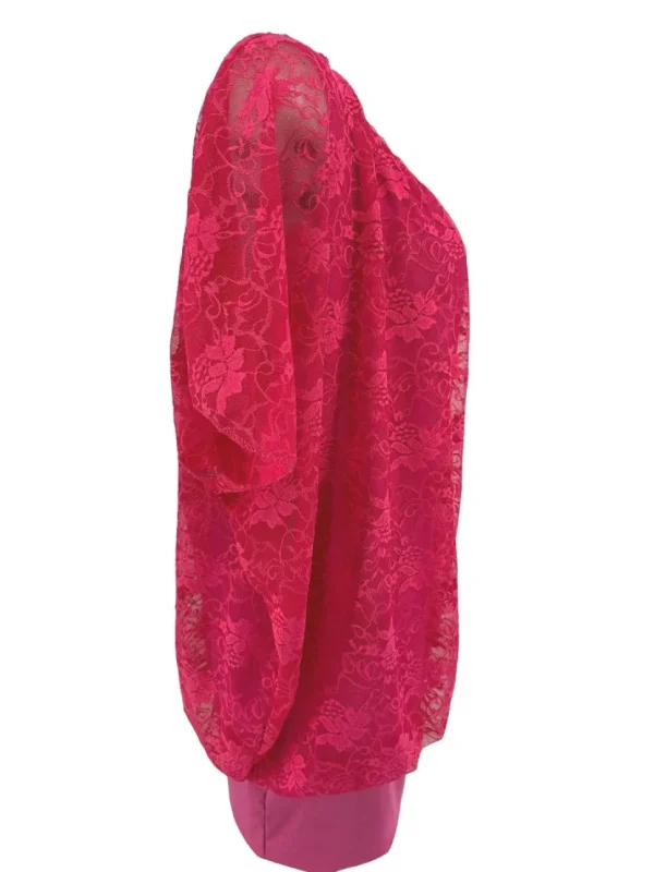 Blouse brede boord met korte mouw en kant fuchsia