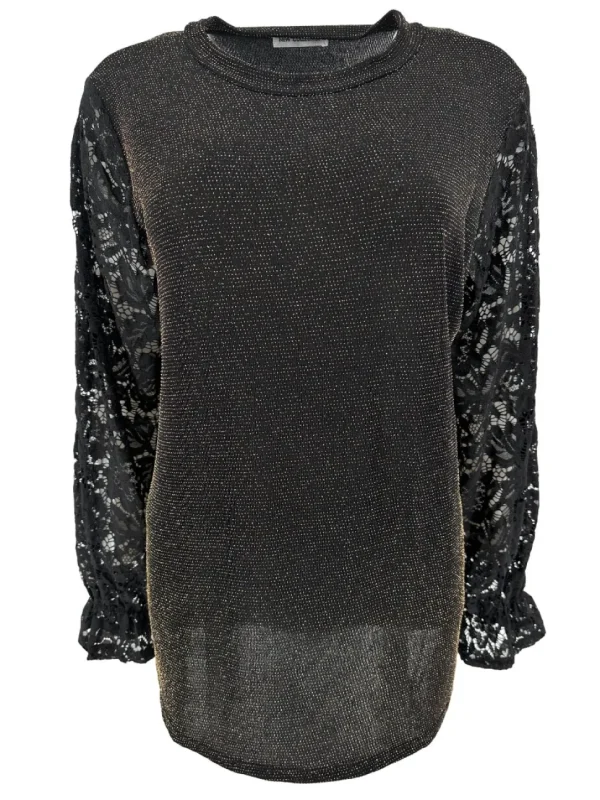 Blouse met GLITTER en ronde hals met kanten mouw Blaire goud