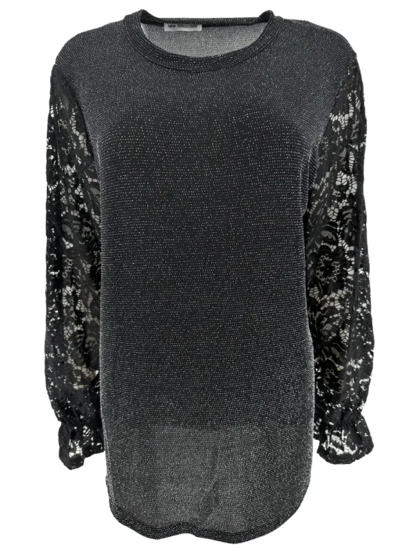 Blouse met GLITTER en ronde hals met kanten mouw Blaire zilver