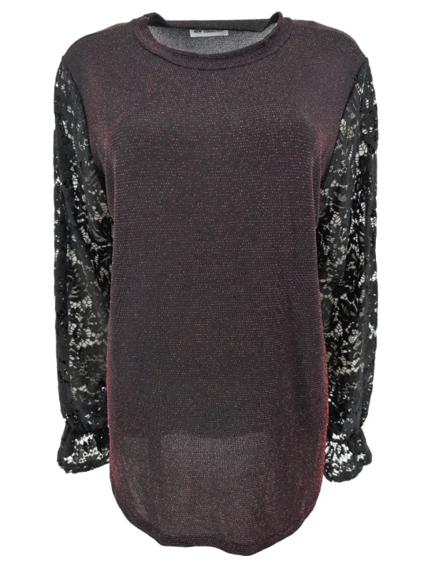 Blouse met GLITTER en ronde hals met kanten mouw Blaire rood