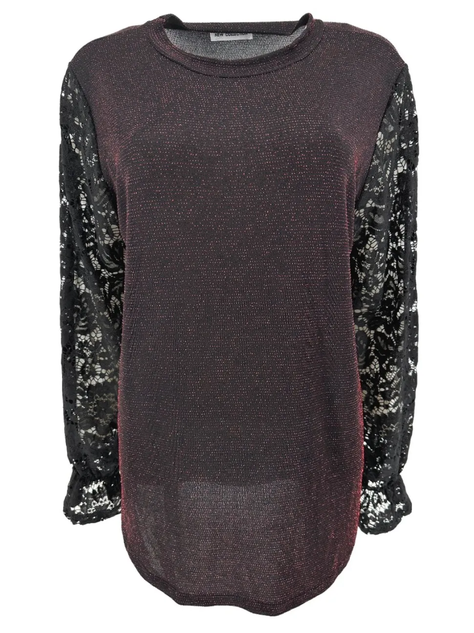 blouse_met_glitter_en_ron_0.webp Blouse met GLITTER en ronde hals met kanten mouw Blaire rood