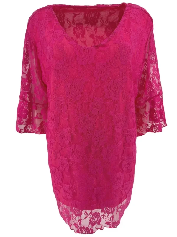 Blouse met kant en v-hals met volant mouw Cindy fuchsia