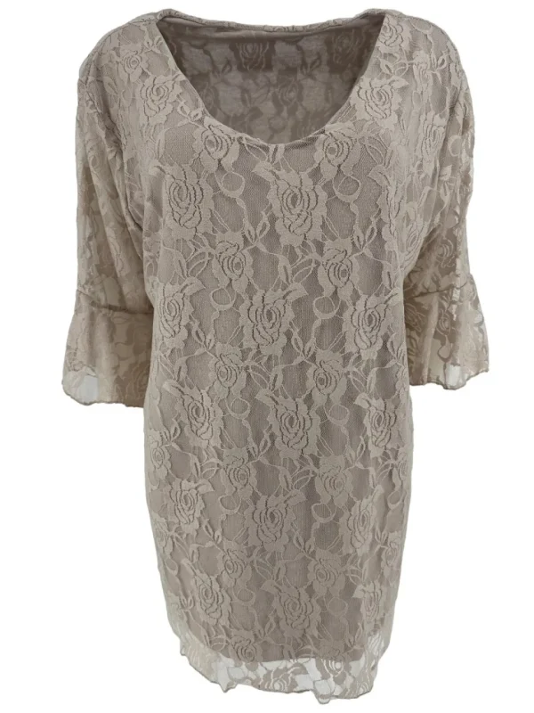 Blouse met kant en v-hals met volant mouw Cindy taupe