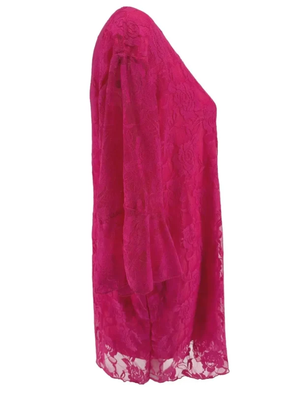 Blouse met kant en v-hals met volant mouw Cindy fuchsia
