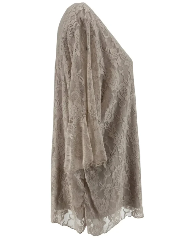 Blouse met kant en v-hals met volant mouw Cindy taupe