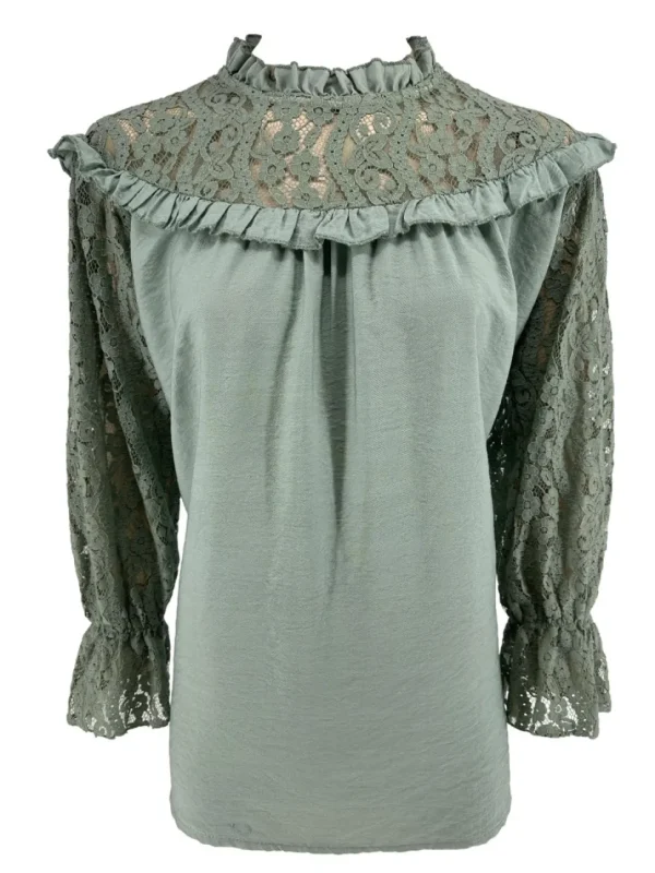 Blouse met kanten mouw en ruffle Ami oud groen