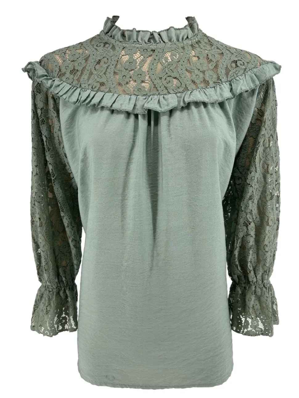 blouse_met_kanten_mouw_en_0-1.webp Blouse met kanten mouw en ruffle Ami oud groen
