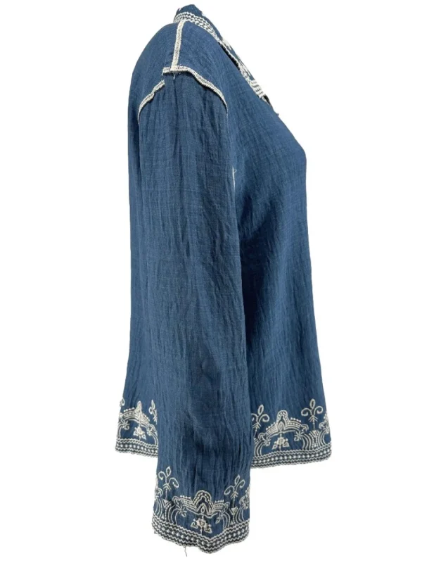Blouse met kraag en werking Tara denim blauw