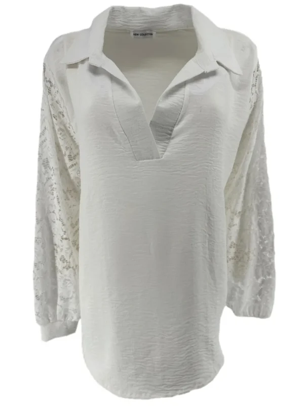 Blouse met lange KANTEN mouw en v-hals kraag off-white