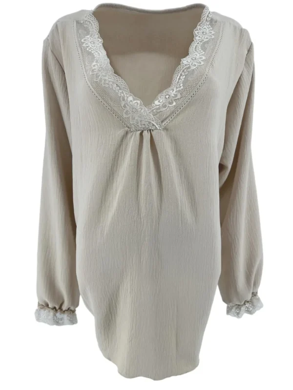 Blouse met lange mouw en kanten v-hals Bea beige