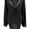 Blouse met lange mouw en kanten v-hals Bea zwart