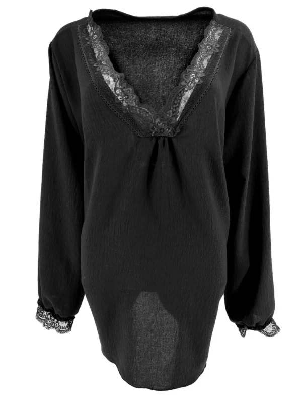 Blouse met lange mouw en kanten v-hals Bea zwart
