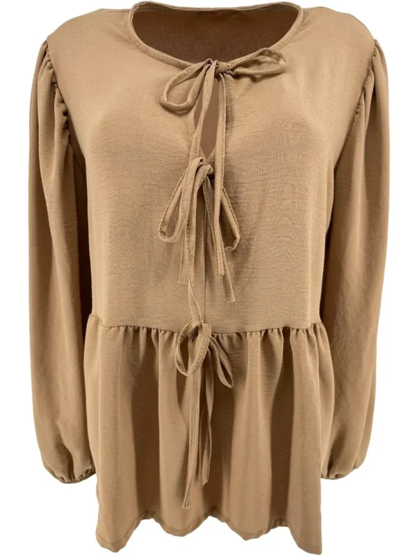 Blouse met lange mouw en strikjes aan de voorzijde camel (SALE)