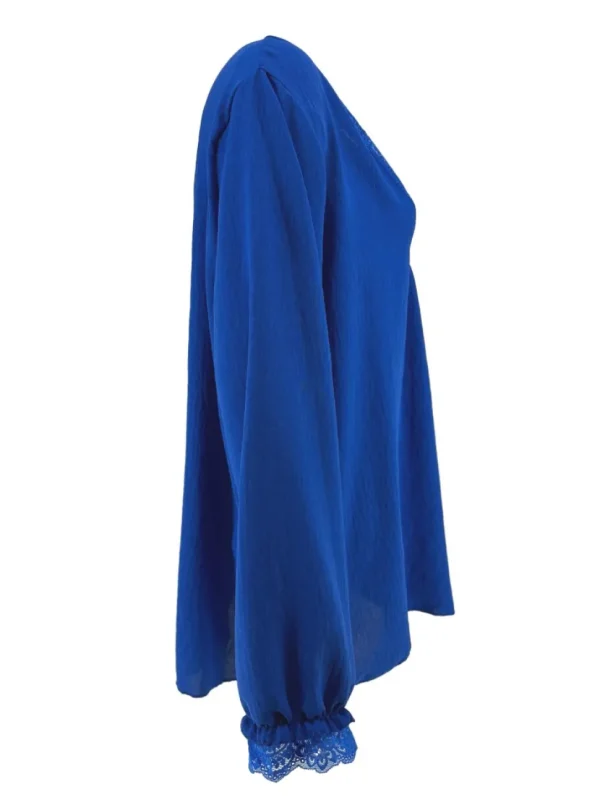Blouse met lange mouw en kanten v-hals Bea kobalt