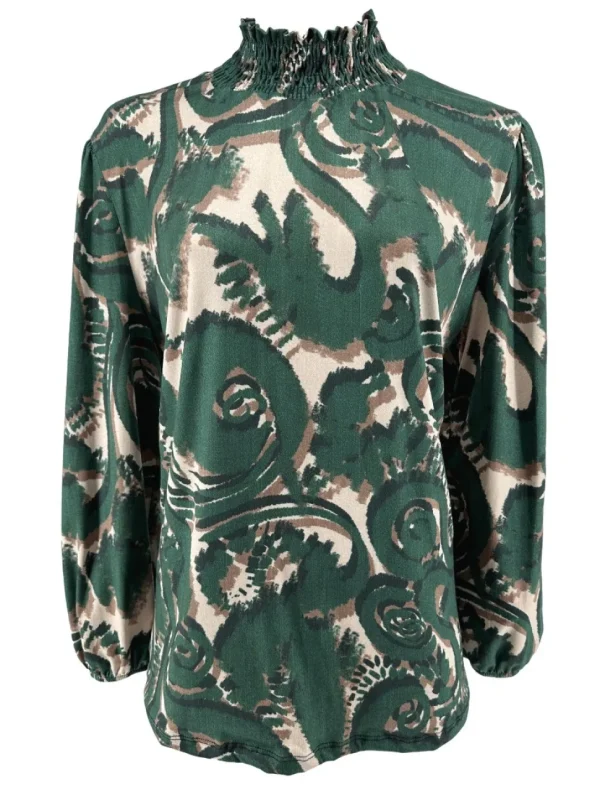 Blouse met opstaande smock hals Swirlie donker groen.(SHV)