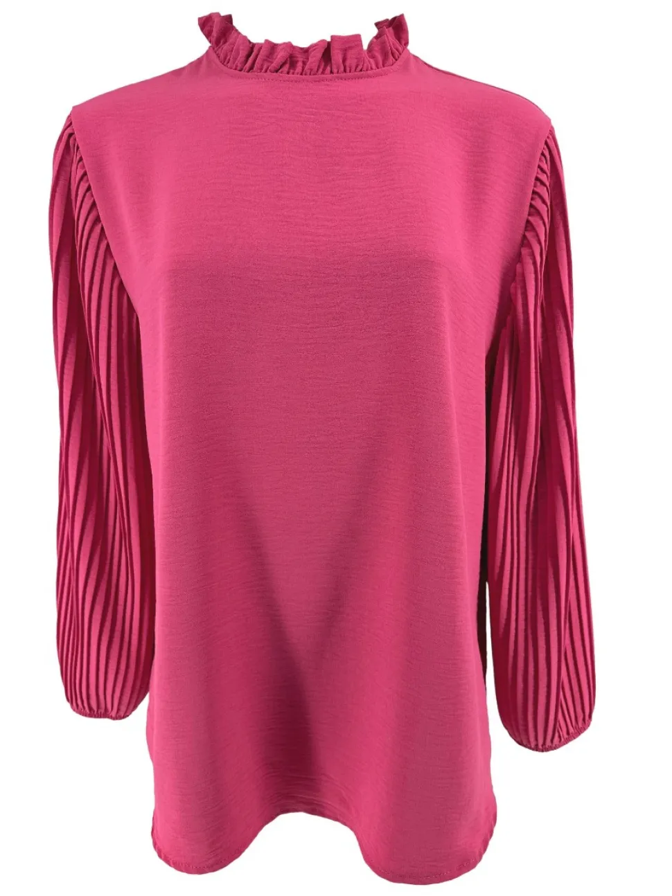 blouse_met_plisse_mouw_en_0-1.webp Blouse met plisse mouw en ruffle aan de hals Karlien fuchsia