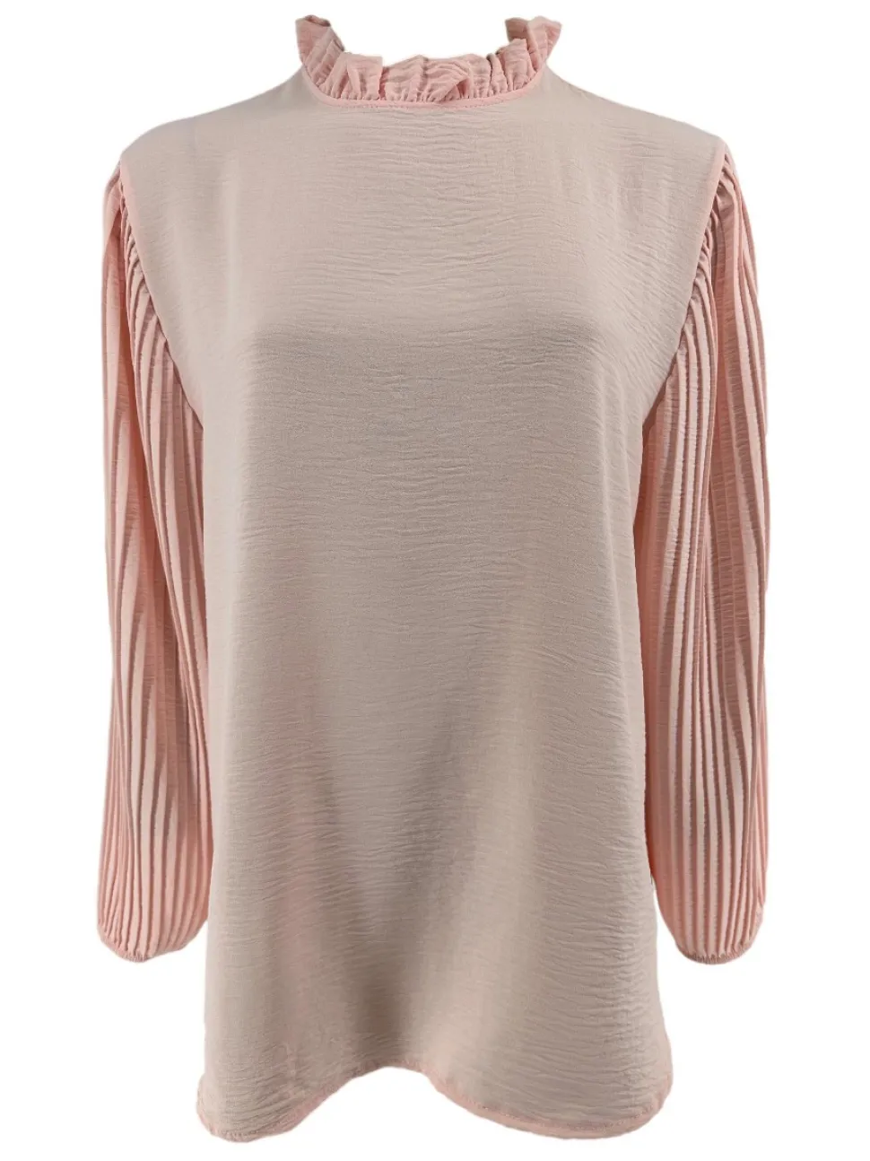 blouse_met_plisse_mouw_en_0-2.webp Blouse met plisse mouw en ruffle aan de hals Karlien licht roze