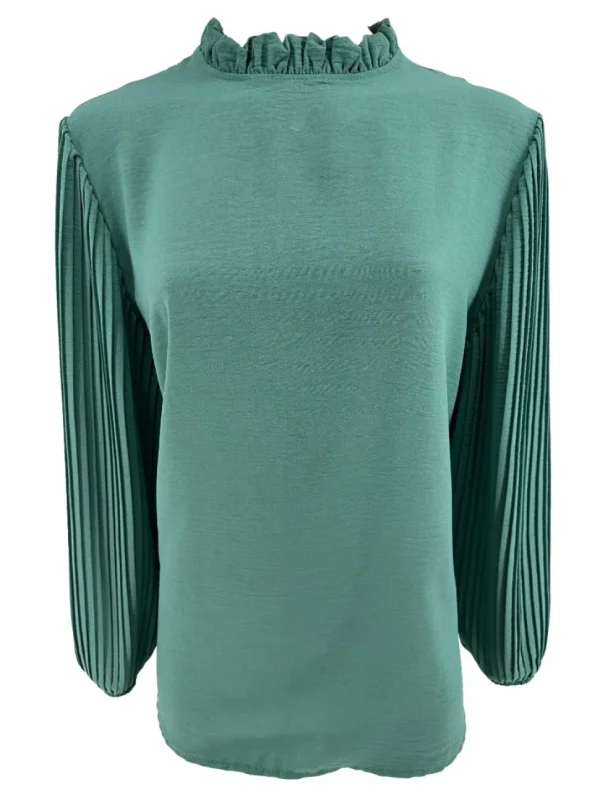 Blouse met plisse mouw en ruffle aan de hals Karlien zeegroen
