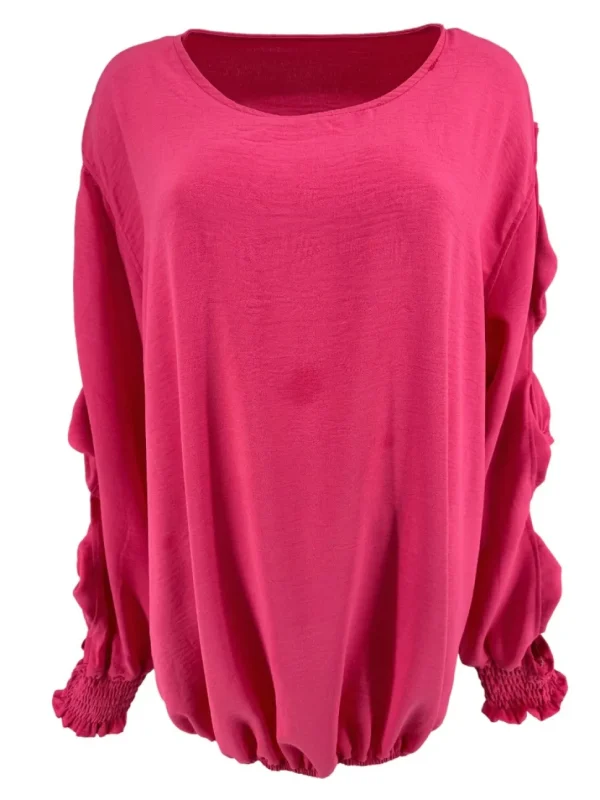 Blouse met ronde hals en open mouw met strikjes fuchsia