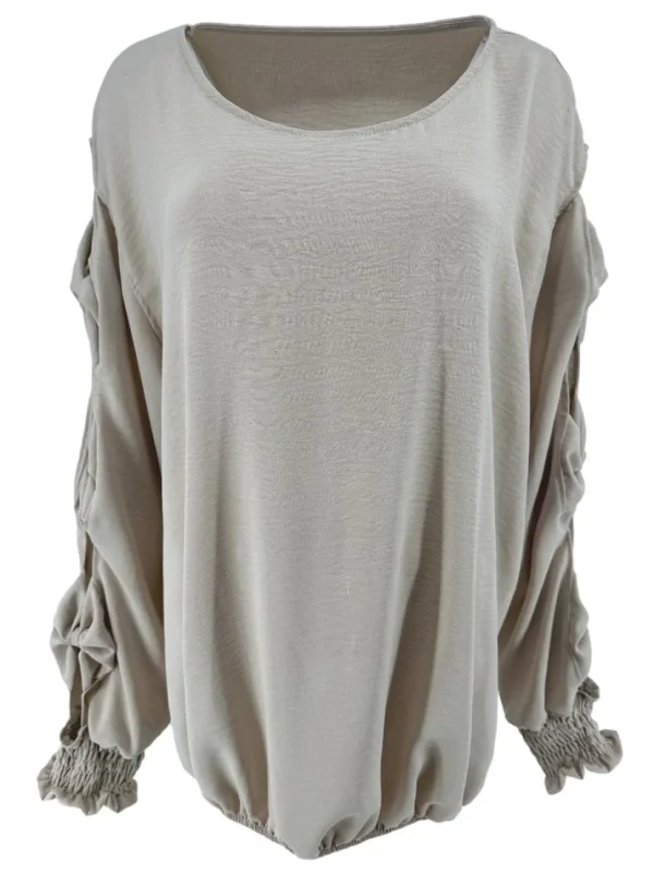 Blouse met ronde hals en open mouw met strikjes beige