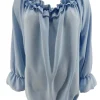 Blouse met ruffel in de hals Melissa met lange mouw licht blauw