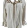 Blouse met ruffel in de hals Melissa met lange mouw beige