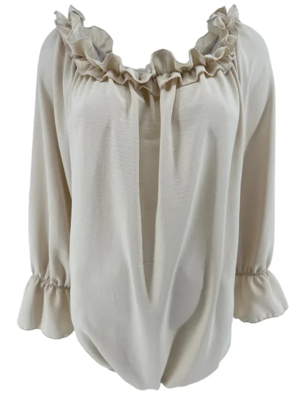 Blouse met ruffel in de hals Melissa met lange mouw beige