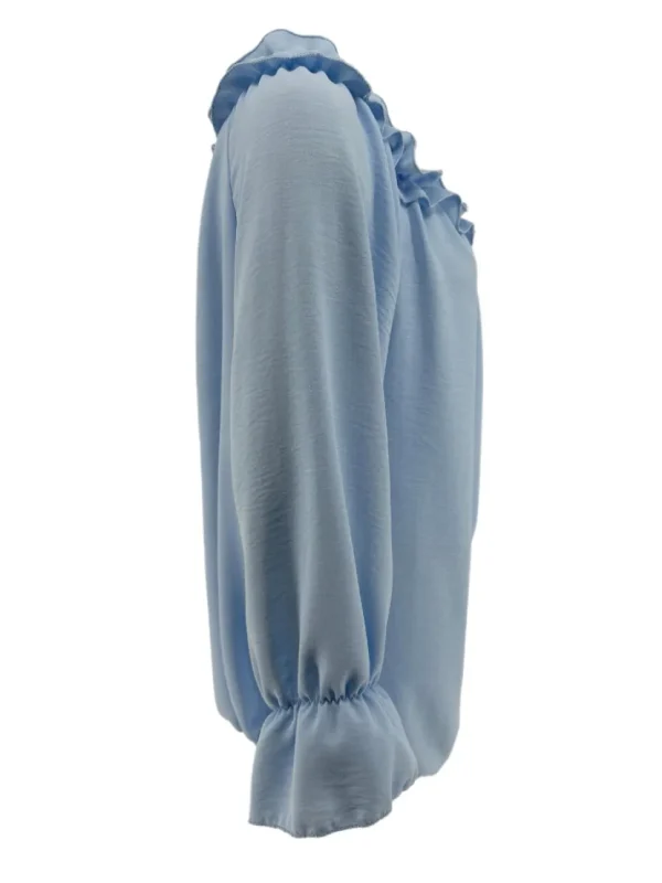 Blouse met ruffel in de hals Melissa met lange mouw licht blauw
