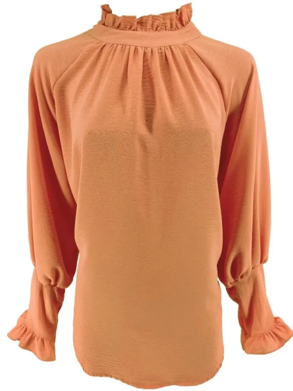 Blouse met ruffle en knoopje in de hals Nicole apricot
