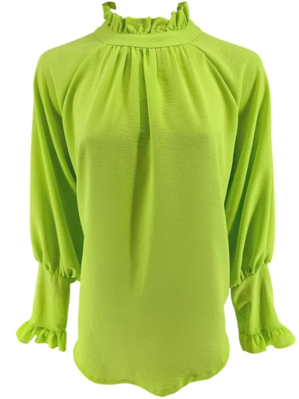 Blouse met ruffle en knoopje in de hals Nicole lime groen