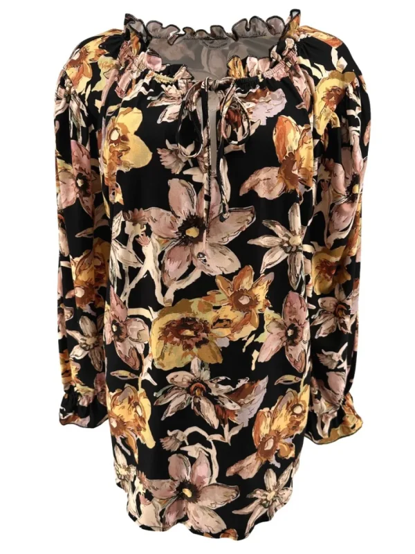 Blouse met ruffle en koord in de hals Lelie zwart
