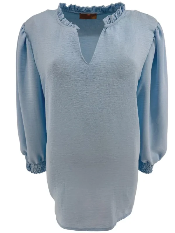 Blouse met ruffle en smock aan de mouw Emy licht blauw