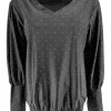 Blouse met strass steentjes en boord met V-hals Tippie zwartSALE #FBK