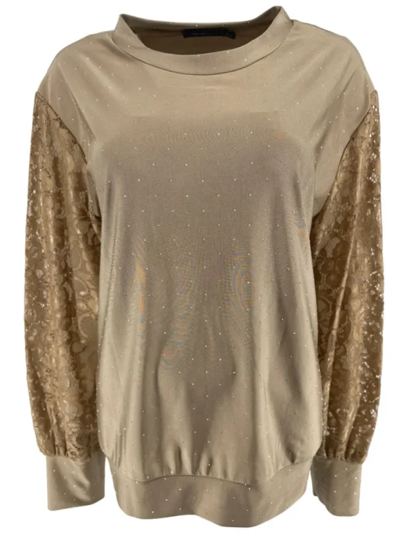 Blouse met strass steentjes en kanten mouw Elvira zand (FBK)