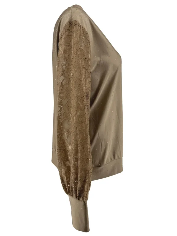 Blouse met strass steentjes en kanten mouw Elvira zand (FBK)