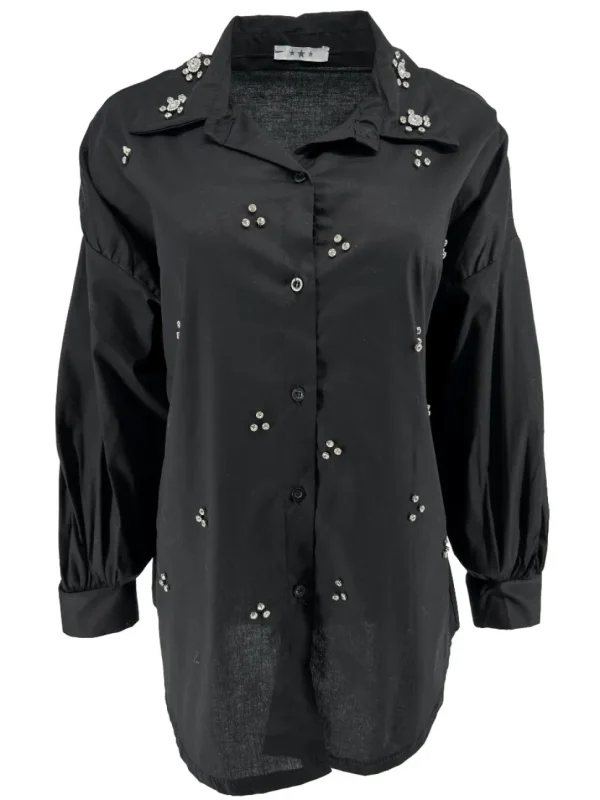 Blouse met strass stenen all-over zwart