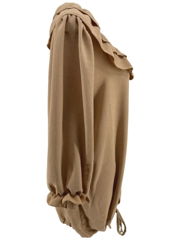 Blouse met trekkoord en lange mouw met ruffle aan de hals camel