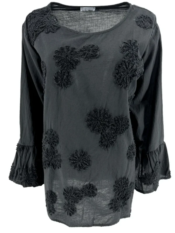 Blouse met trompet mouw fluffy flower zwart