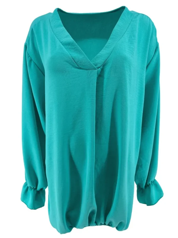 Blouse met V-hals en elastiek aan de onderzijde Julia turquoise