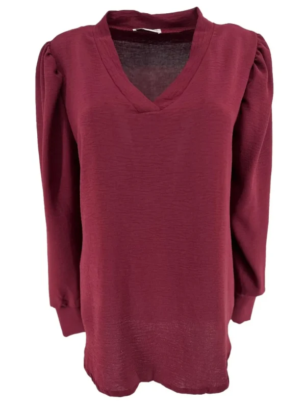Blouse met v-hals en lange mouw met plooien bordeaux