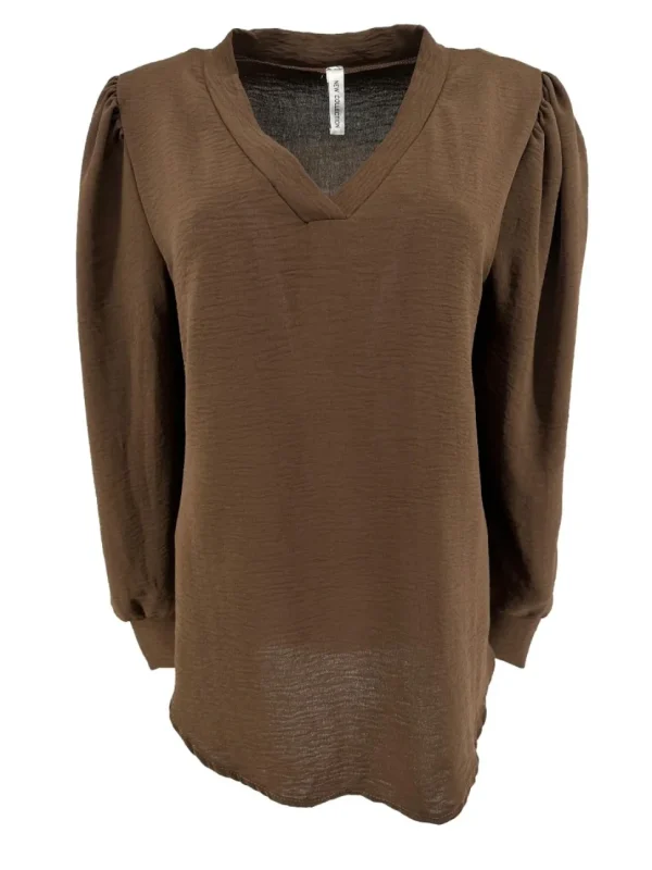 Blouse met v-hals en lange mouw met plooien bruin