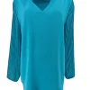 Blouse met v-hals en plisse mouw Romy turquoise