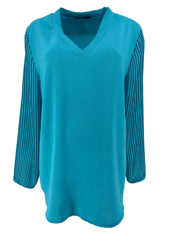 Blouse met v-hals en plisse mouw Romy turquoise